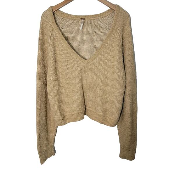 Free People- Camel Cotton V Neck Cropped Sweater- Size Large - Picture 3 of 11